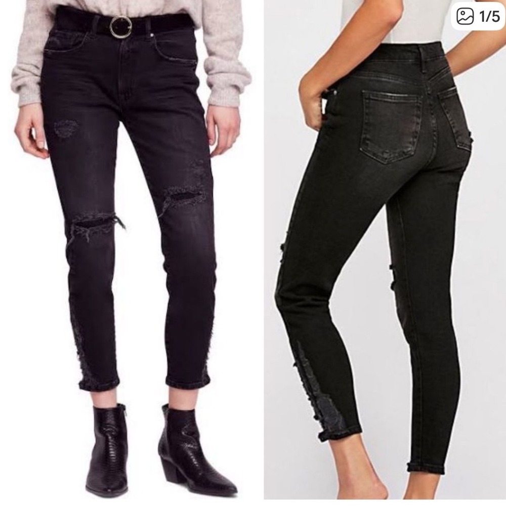 Free People Washed Black Distressed Skinny Jeans Ripped Knee Raw Hem 25R